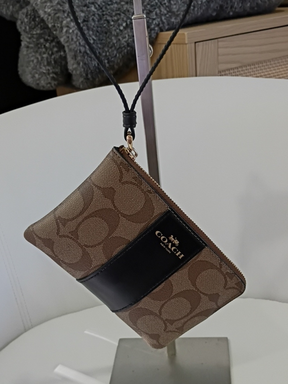 Coach Corner Zip Brown and Black Signature Coated Canvas Wristlet